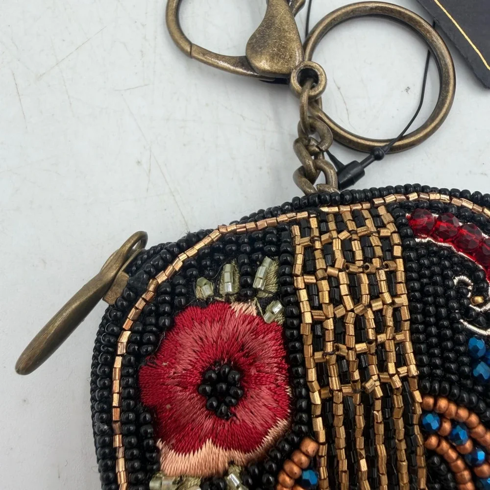 NWT Mary Frances Beaded Guitar Coin Purse Keychain Floral Boho Music Bag